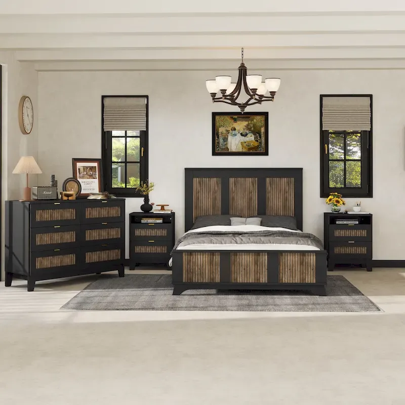 4-Pieces Bedroom Sets,Full Size Farmhouse Platform Bed with Wooden Strip Decoration,Storage Nightstand and Dresser