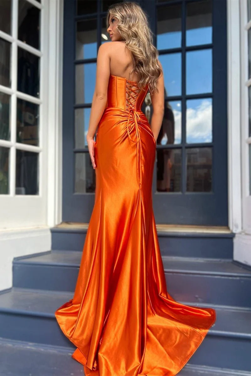 Mermaid Strapless Satin Long Prom Dress With Slit