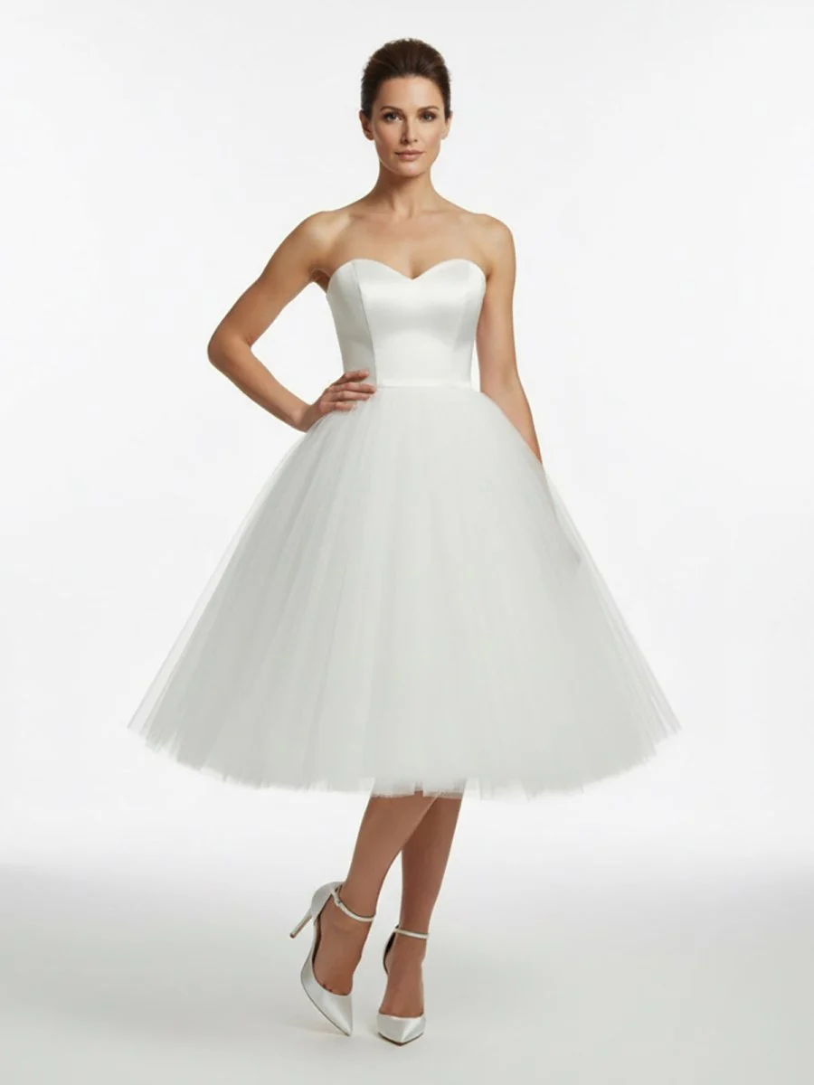 Sweetheart Empire Tea-Length Tulle Wedding Dress With Lace-Up Back
