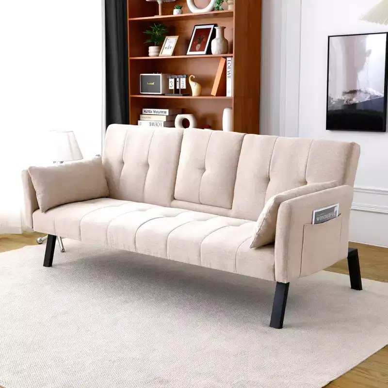 MAYEERTY 70 Inch Multifunctional Cotton Sofa Bed with Cup Holder Side Storage for Living Room Bedroom Beige