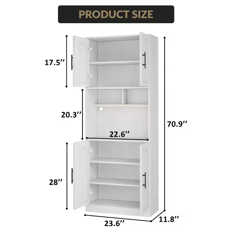 Coolmee Kitchen Bar Pantry Cabinet with RGB Light, Tall Hutch with Microwave Stand, Barn Doors and 2 Open Shelves, Cupboard for Dining Room
