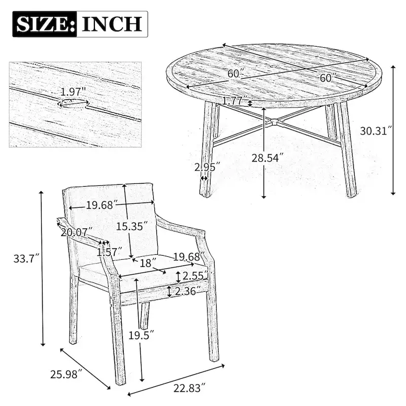 5 Pcs Outdoor Dinning Set, Wooden Patio Furniture Set, Round Table with Umbrella Hole, 4 Chairs with Removable Cushions