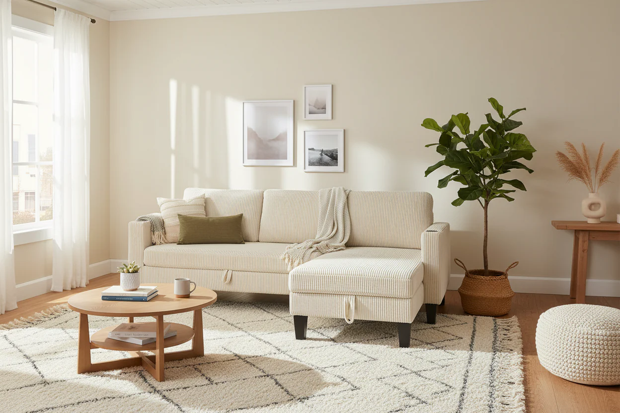 Reversible Fabric Sleeper L-Shaped Sofa with Storage Chaise, USB Ports & Cup Holders