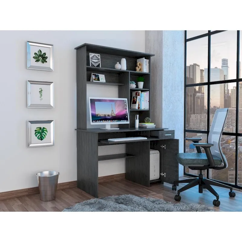 Compu 180 Hutch Desk with 5 Shelves, Retractable Keyboard Tray, CPU Panel, and Drawer