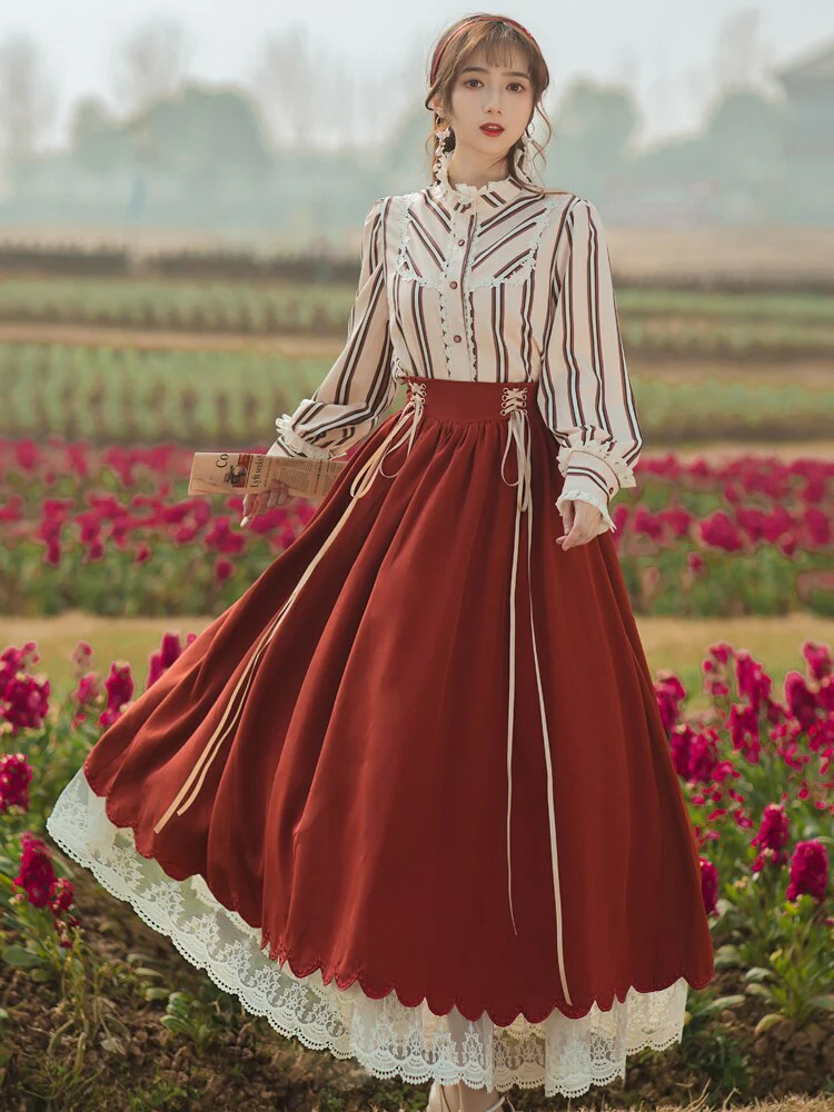 flowersverse Back to school outfit Chic Vintage Style Woman Outfits Retro Lantern Sleeve Striped Shirt & Lace Ribbon Long Maxi Skirt Cottage Prairie 2 Piece Sets