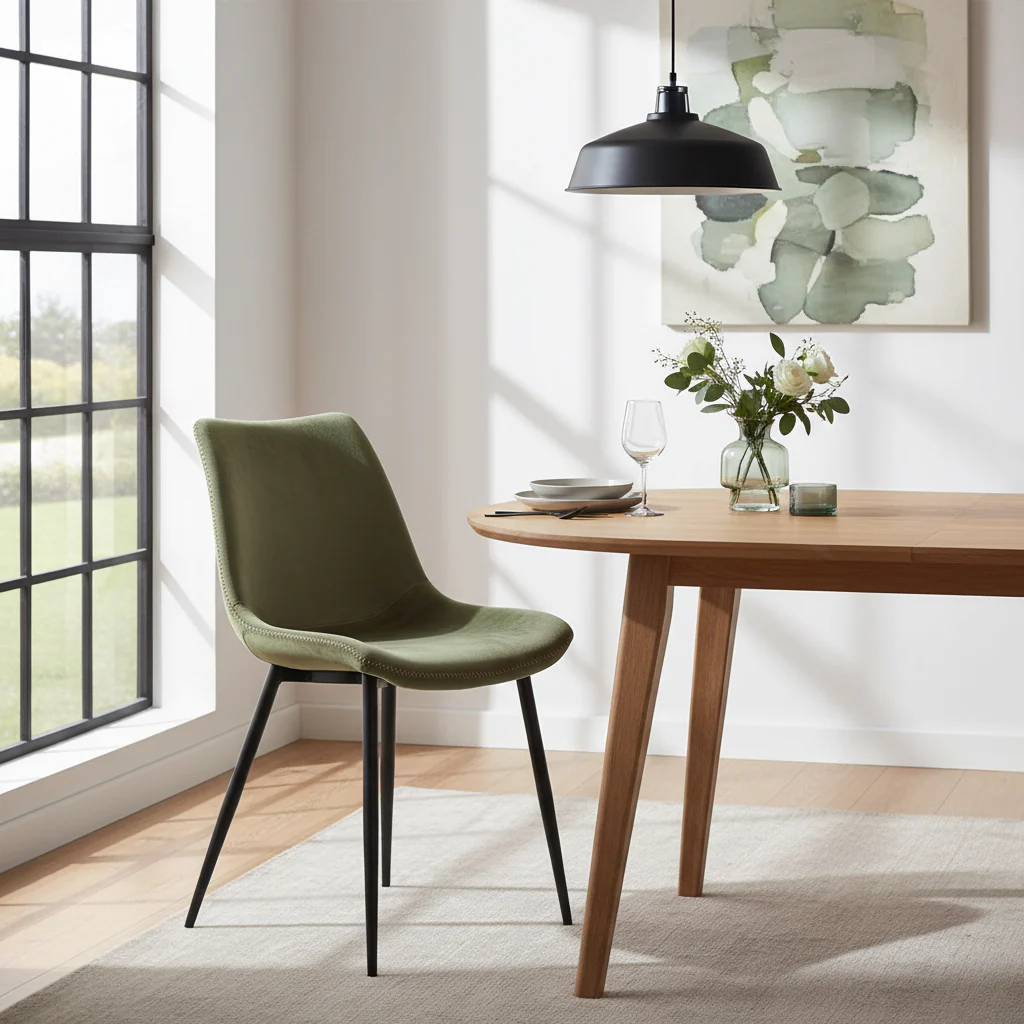 Velvet Upholstered Dining Side Chair Black Peg Legs, Olive Green