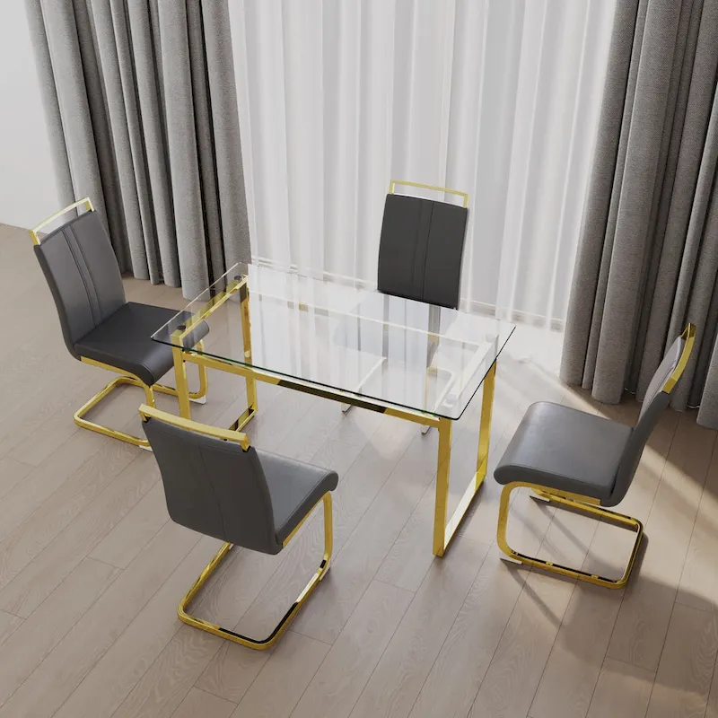 Modern Style 5-Piece Dining Set with Rectangular Tempered Glass Table and High Back Golden Plating Legs Dining Armless Chairs