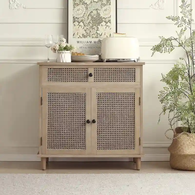 Natural Bamboo / Walnut Woven Rattan Accent Cabinet with Sliding or Standard Doors – Single Unit