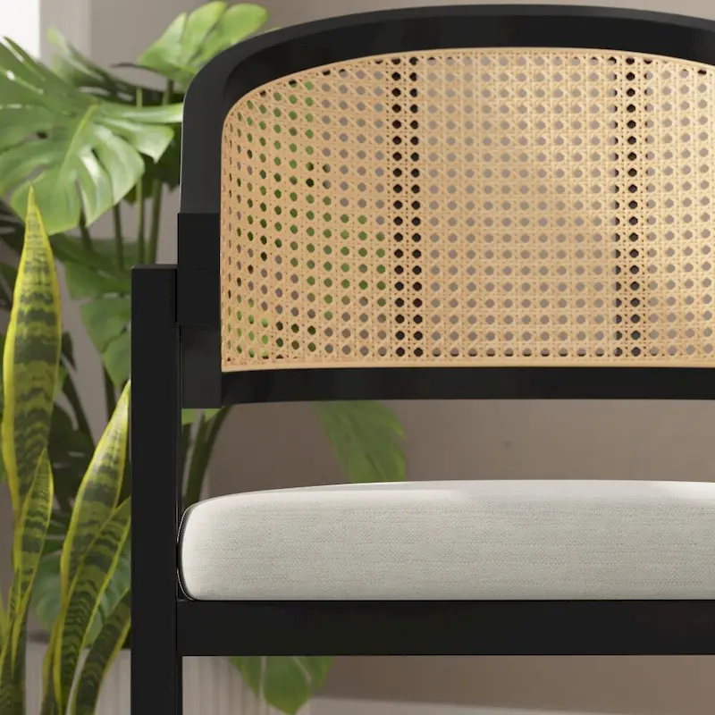 Cane Rattan Dining Chair with Upholstered Seat and Armrests