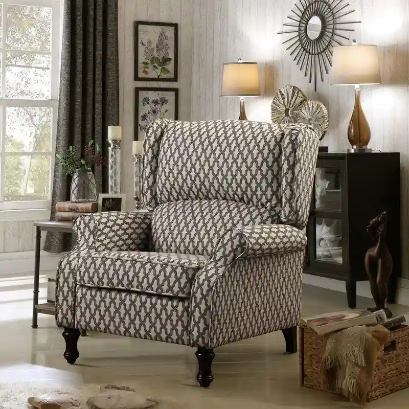 Manual Recliner Chair, Linen Trellis Pattern – Blue / Beige / Brown, Single