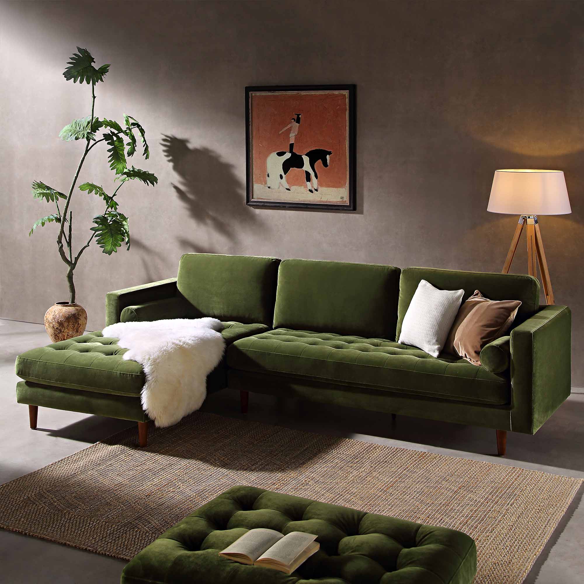 Moss Green Velvet Grand 4-Seater Chaise End Sofa, Left Hand Facing