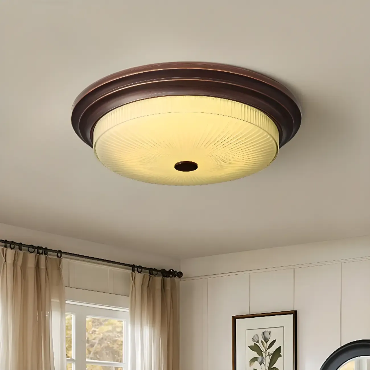 Classic Brown Metal Round Glass LED Flush Mount Ceiling Light