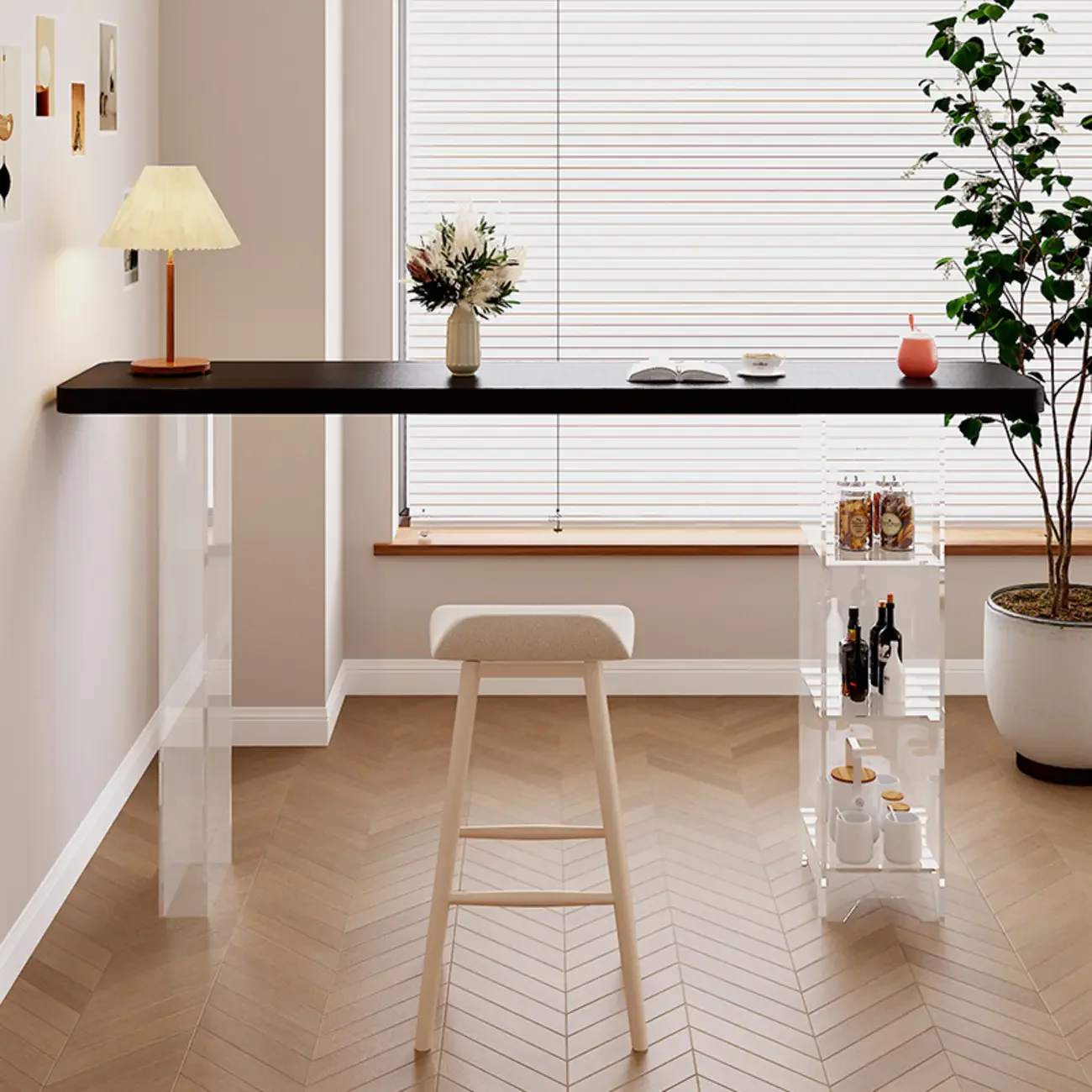 Modern Black Wooden Grain Top Clear Acrylic Storage Bar Tables