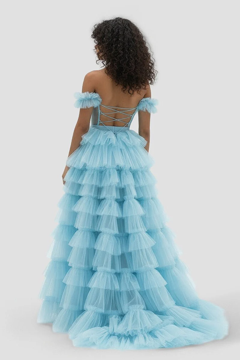 Royal Blue Off the Shoulder Ruffle Tiered Tulle Long Prom Dresses with Slit