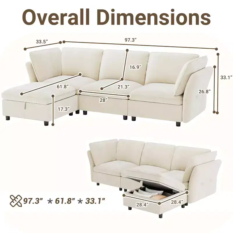 97 Modular Sectional Sofa, L-Shaped Modular Couch with Storage, 4-Seater Comfy Cloud Couch with Movable Ottoman, Deep Seat, Modern Sectional Couches