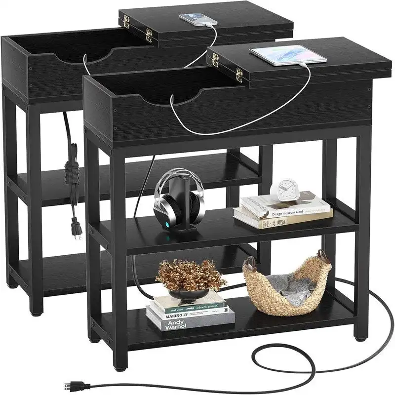 Rustic Brown / Black / Black Oak Industrial End Table with Charging Station, Drawer & 2-Tier Shelf – Single