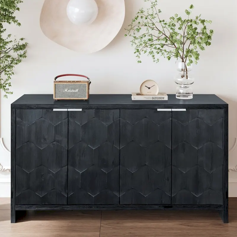 60-in Farmhouse Antique Black 4 Wooden Door Sideboard Buffet Server Accent Storage Cabinet