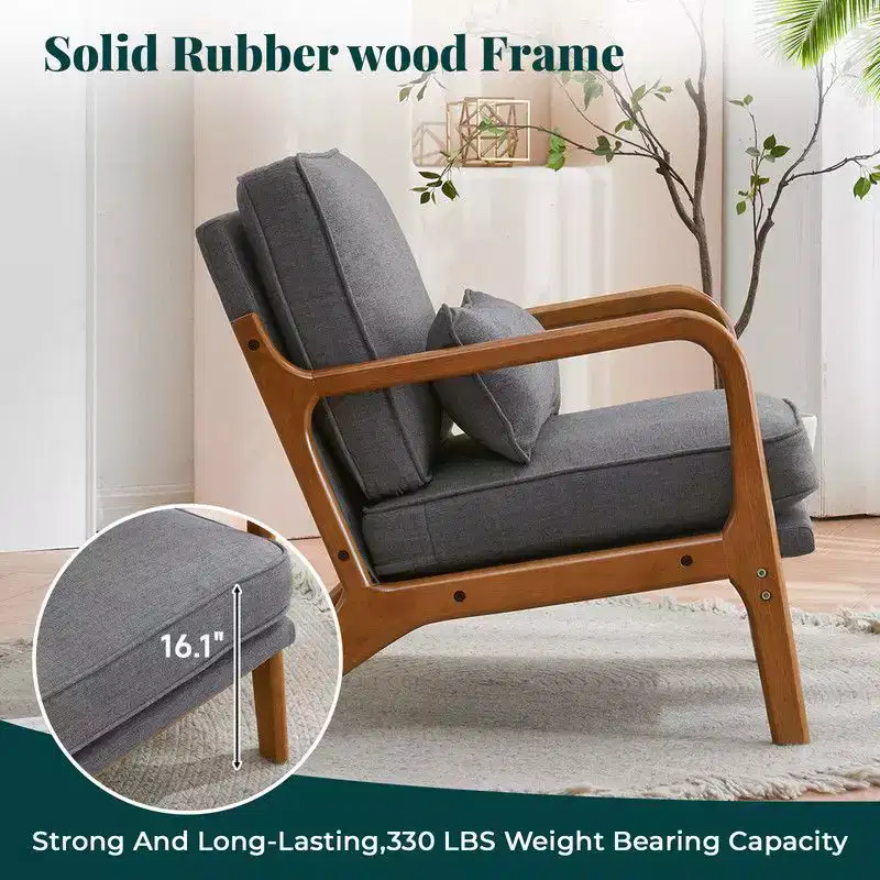 Karl Home 2Pcs Mid Century Solid Wood Accent Chair Upholstered Armchair with an Extra Pillow