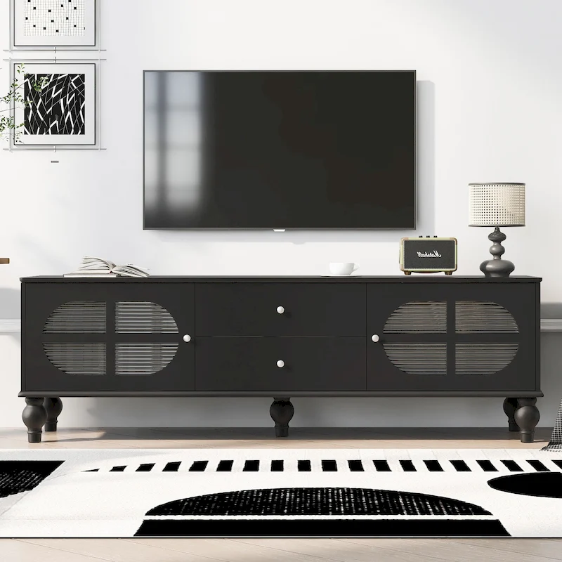 68.9  Modern TV Stand for TVs up to 75 Inches, Entertainment Center with Fluted Glass Doors for Living Room