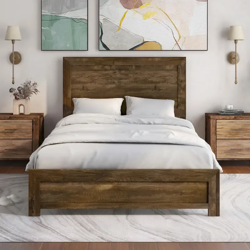 Rustic Walnut Panel Wood Bed – Walnut, Full / Queen