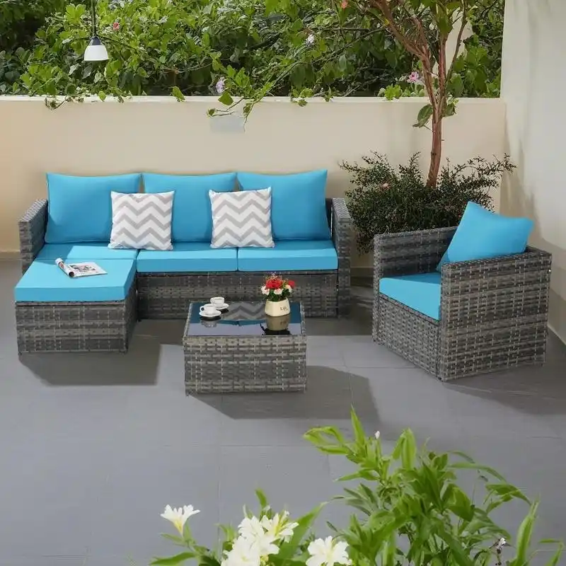 4-Pieces Outdoor Patio L-Shaped Sectional Sofa Set with Single Sofa & Glass Coffee Table