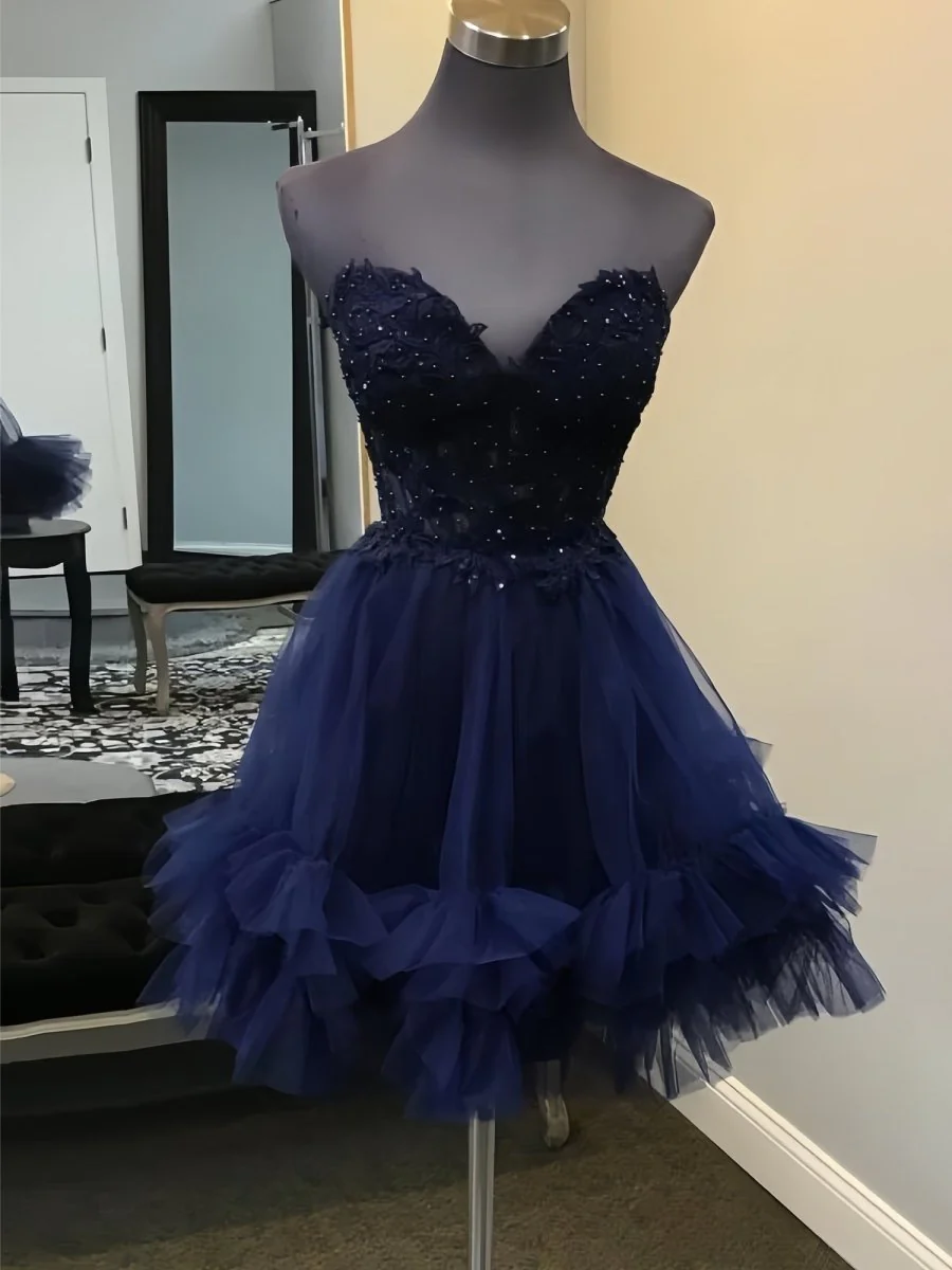 Navy Blue - A-Line Sweetheart Ruffle Tulle Homecoming Dress With Appliques