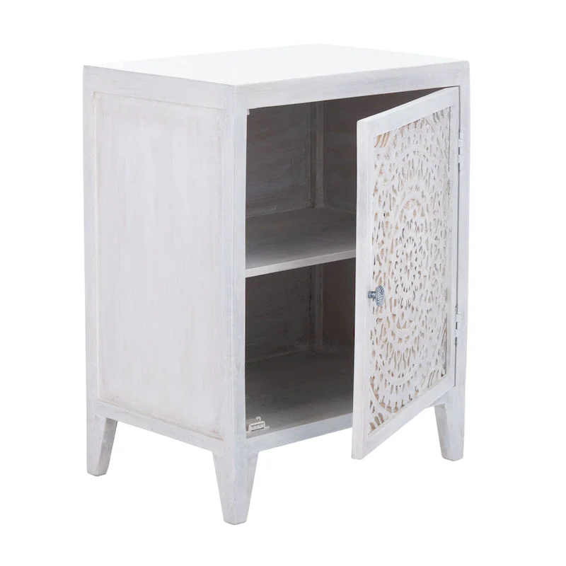 Single-Door Carved Wood Nightstand – Brown / White Washed / Grey Walnut