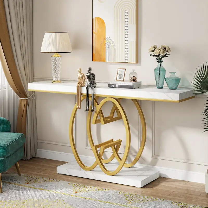 White & Gold / Grey & Black Faux Marble Console Table with Geometric Metal Base - Single Use
