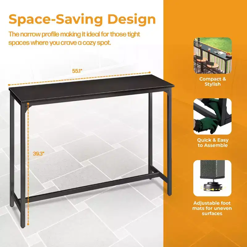 ODK 55 Inch Rectangular Modern Bar Height Narrow Pub, Kitchen, and Dining Table with Metal Legs, Easy to Clean Top, and Fast Assembly, Black