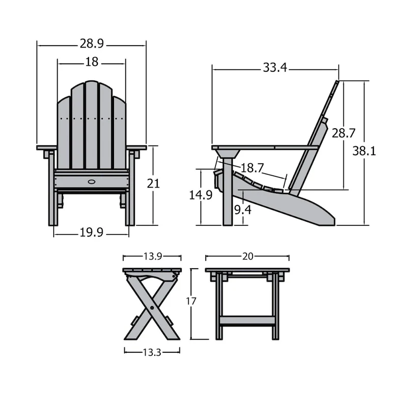 3 Piece Set Outdoor Adirondack Chairs and Folding Side Table