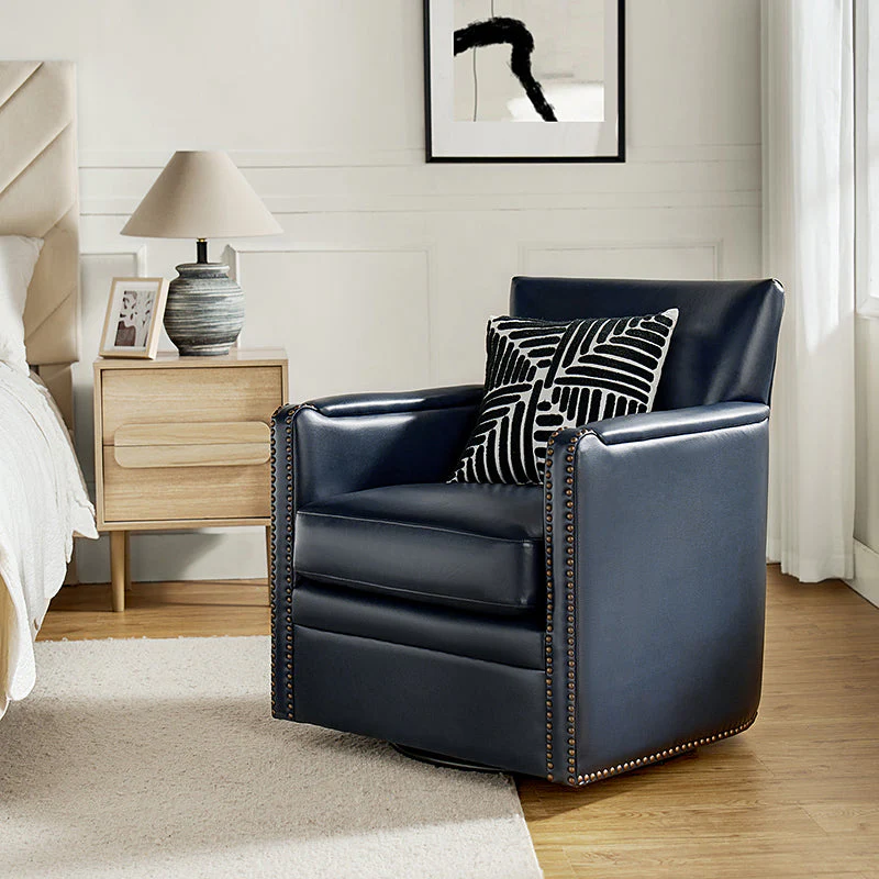 Genuine Leather 360° Swivel Armchair with Nailhead Trim, Recessed Arms & Black Legs | Chocolate / Brown / Camel / Black / Navy | Single Seat