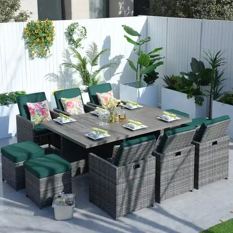 11-Piece Patio Wicker Aluminum Dining Table Set w/ Chairs and Ottomans
