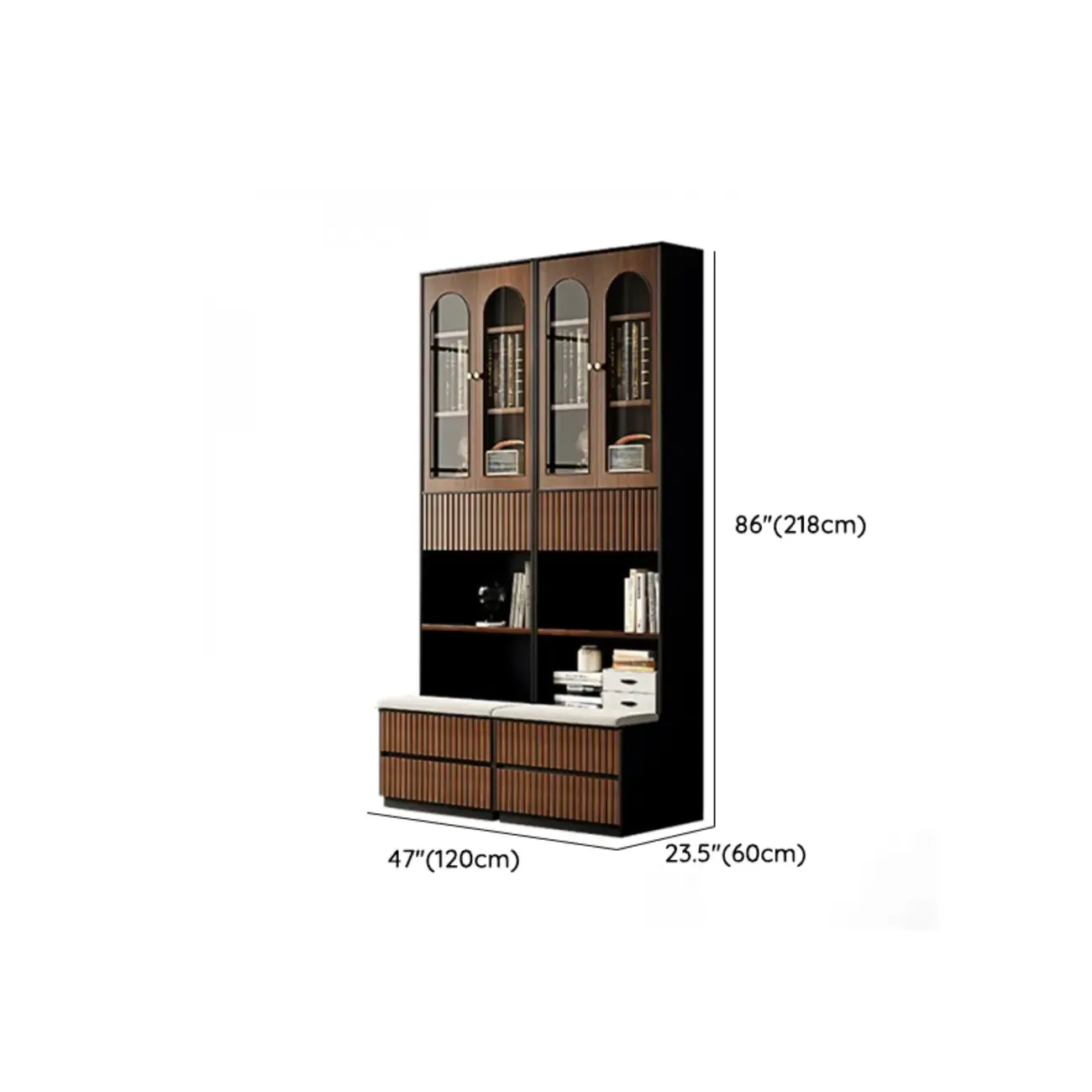 Tall French Country Display Wooden Bookcase with Cushioned Bench