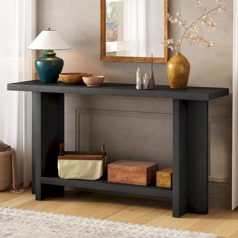 Roomfitters Vintage-Inspired Console Table, Ash Wood Veneer with T-Leg Design for Study, Entryway, Hallway, Living Room