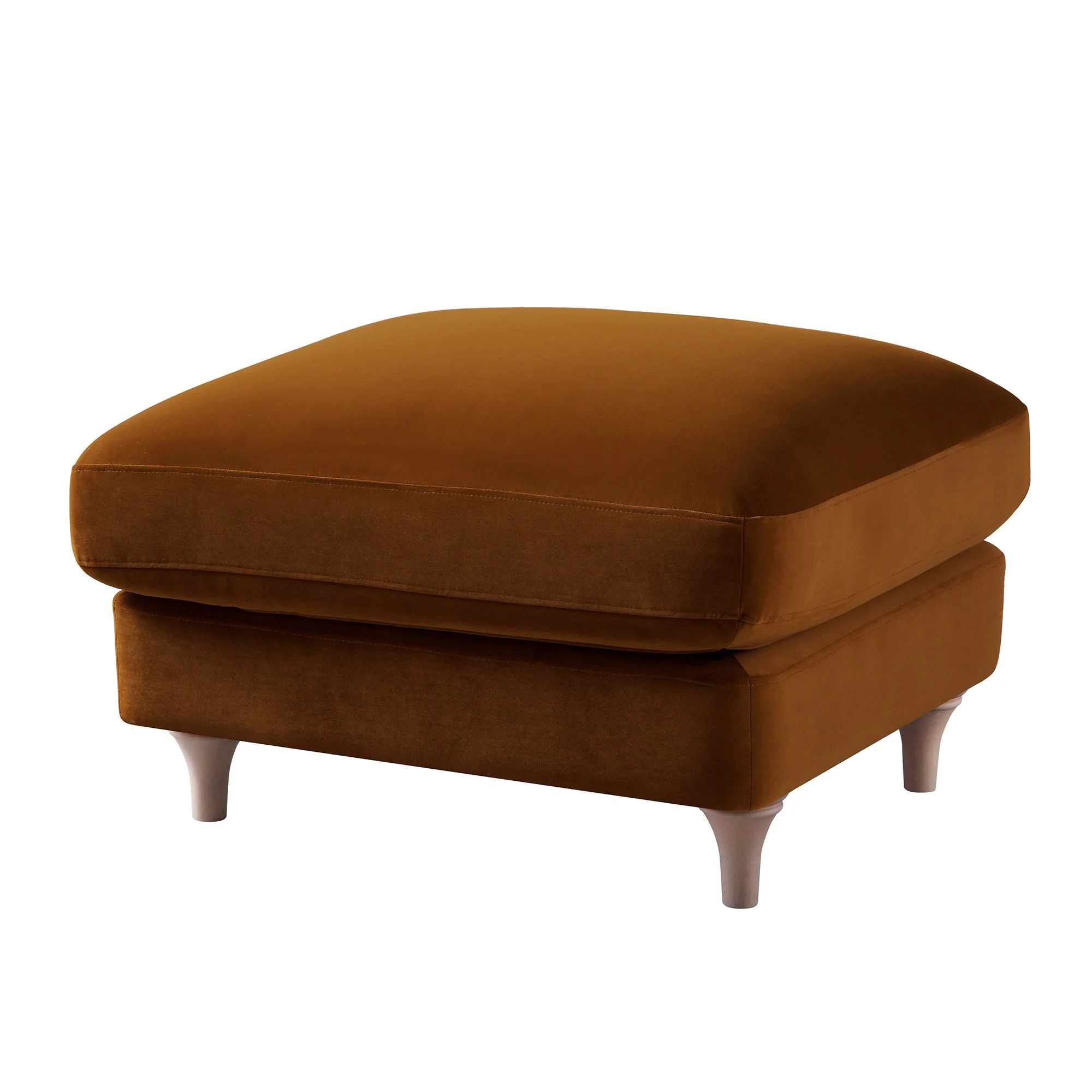 Traditional English Footstool - Cinnamon Velvet, Washed Wood Legs, Padded Seat, 31.5