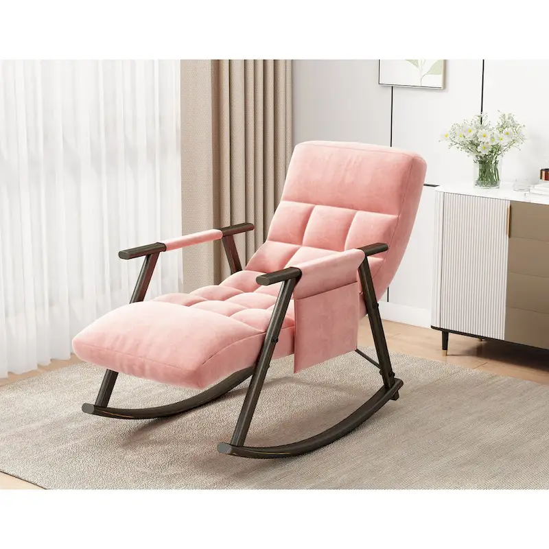 Casual Folding Rocking Chair,Lounge Rocking Chair Adjustable High Back and Foot Rest,Side Pockets Placed in Living Room Bedroom