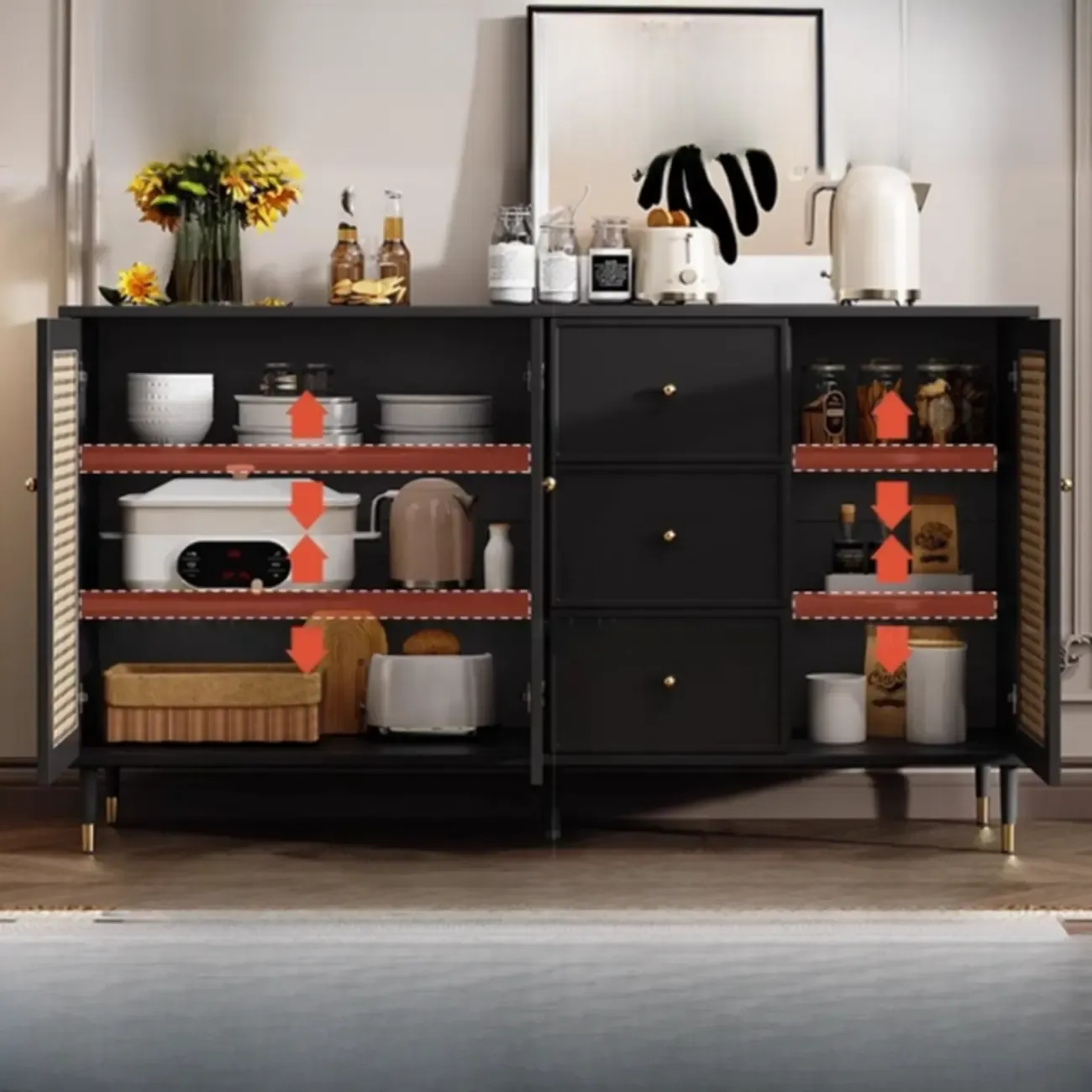 Traditional 3-Layer Rattan Wooden Black Sideboard Cabinet