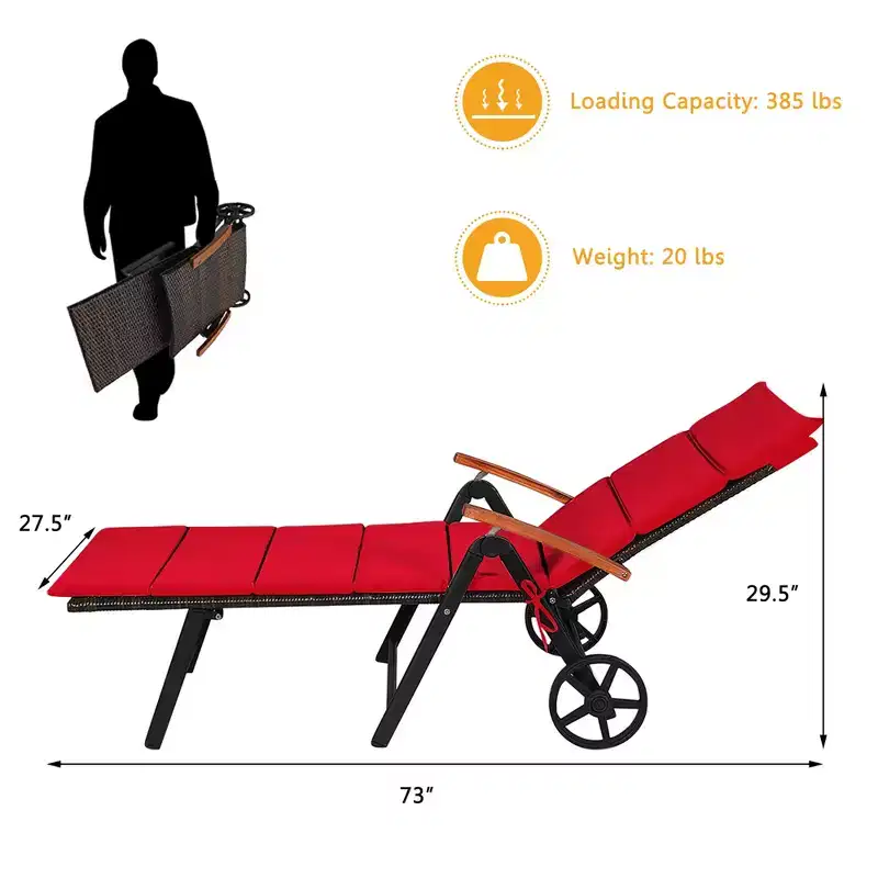 Costway 2 PCS Folding Patio Rattan Lounge Chair Cushioned Aluminum w/ Wheel