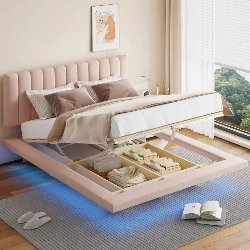 Pink / Gray / Beige Queen Velvet Floating Platform Bed with LED Strip Lighting, USB Port & 4 Storage Compartments