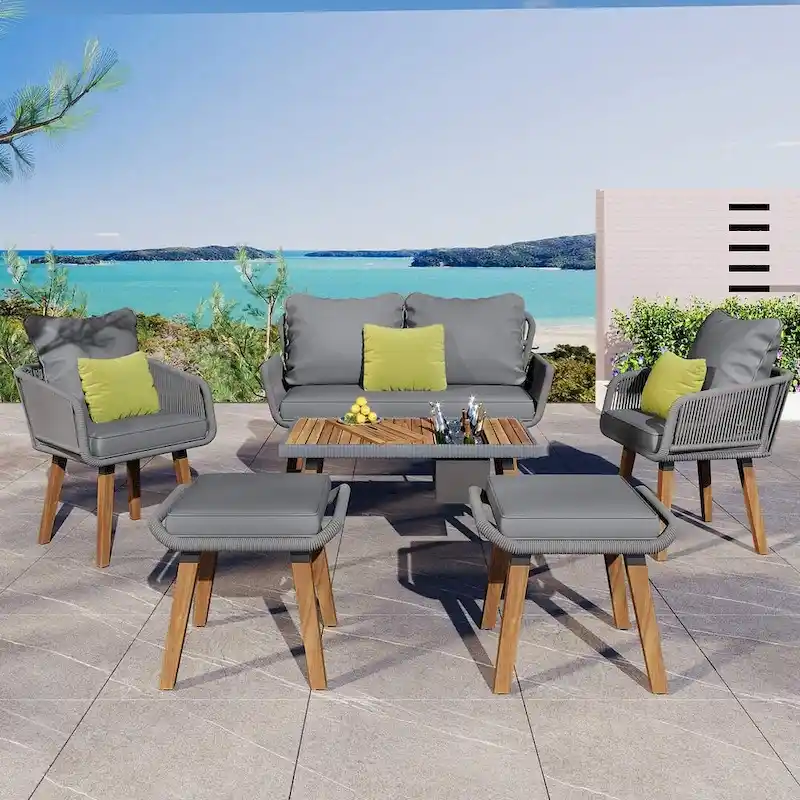 6 PCS Rope Outdoor Patio Furniture Set for 6 with Two Stools, Cool Bar Table Combo