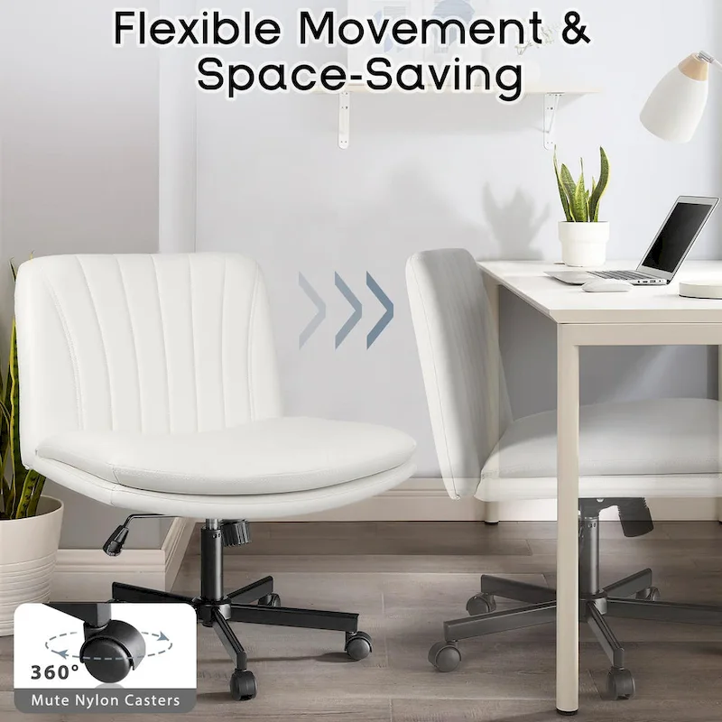 Cross Chair with Wheels,PU Leather Armless Cross Legged Office chair, Adjustable Wide Seat Task Vanity Chair