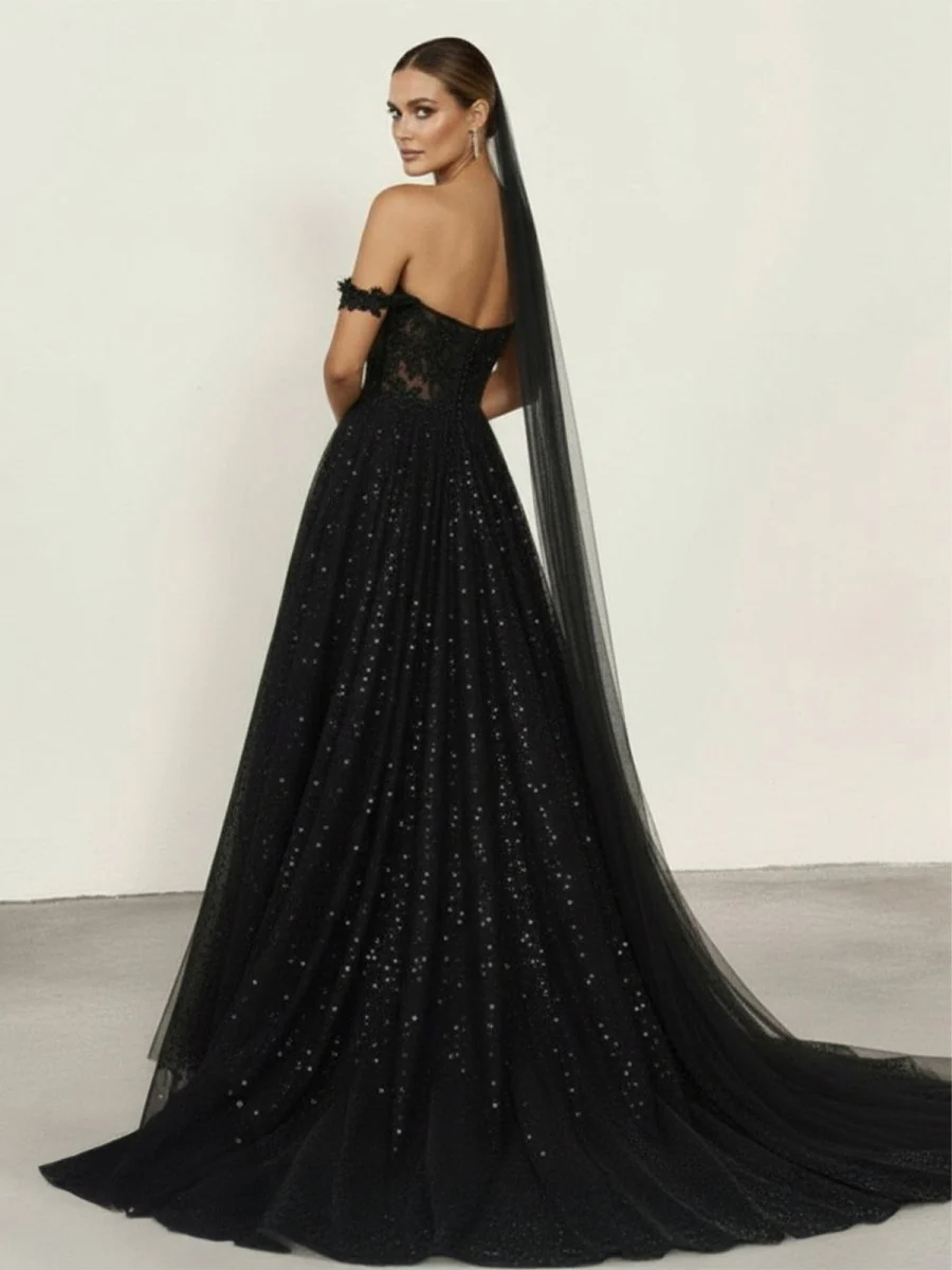 A-Line Black Gothic Wedding Dresses with Sequin Lace Appliques