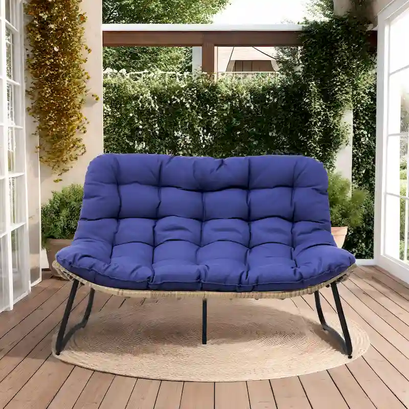 Double Papasan PE Rattan Chair Loveseat with Cushion For Indoor Outdoor