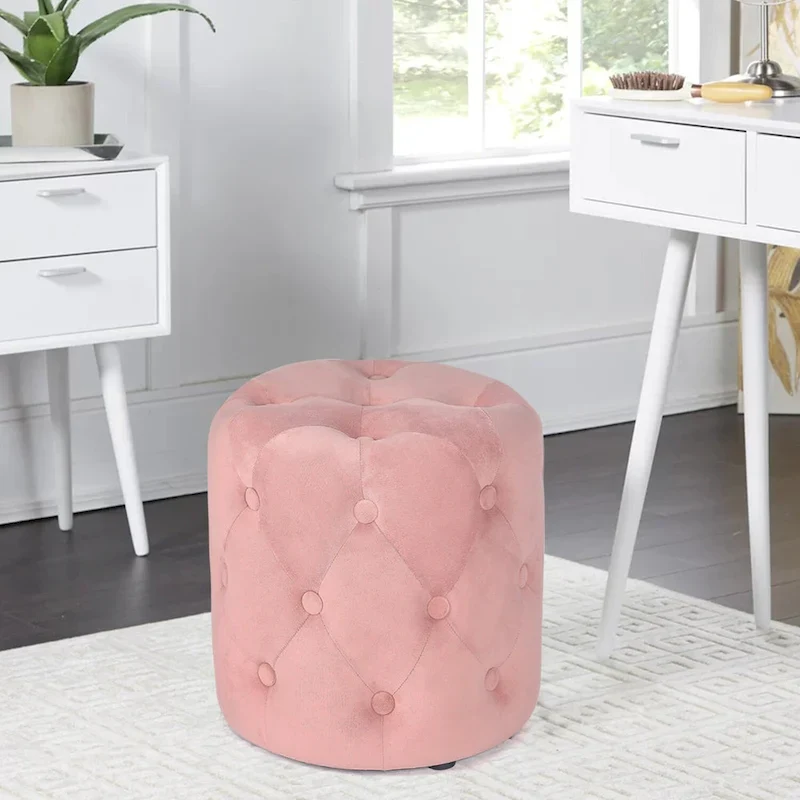 Pink Round Tufted Ottoman Footstool 14 Inch