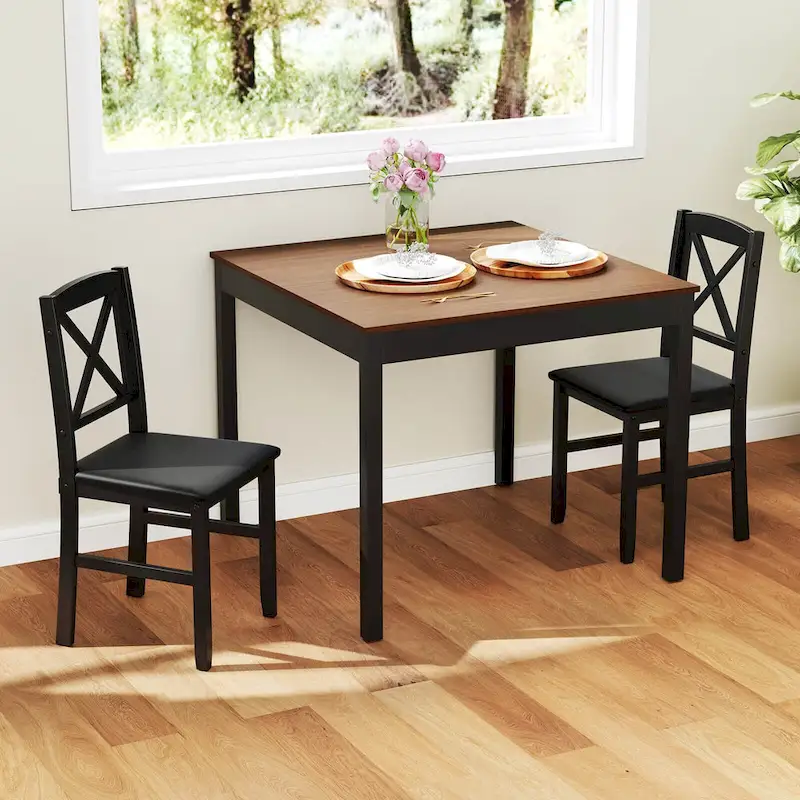 Costway 3 PCS Dining Table Set Wooden Square Kitchen Table with 2