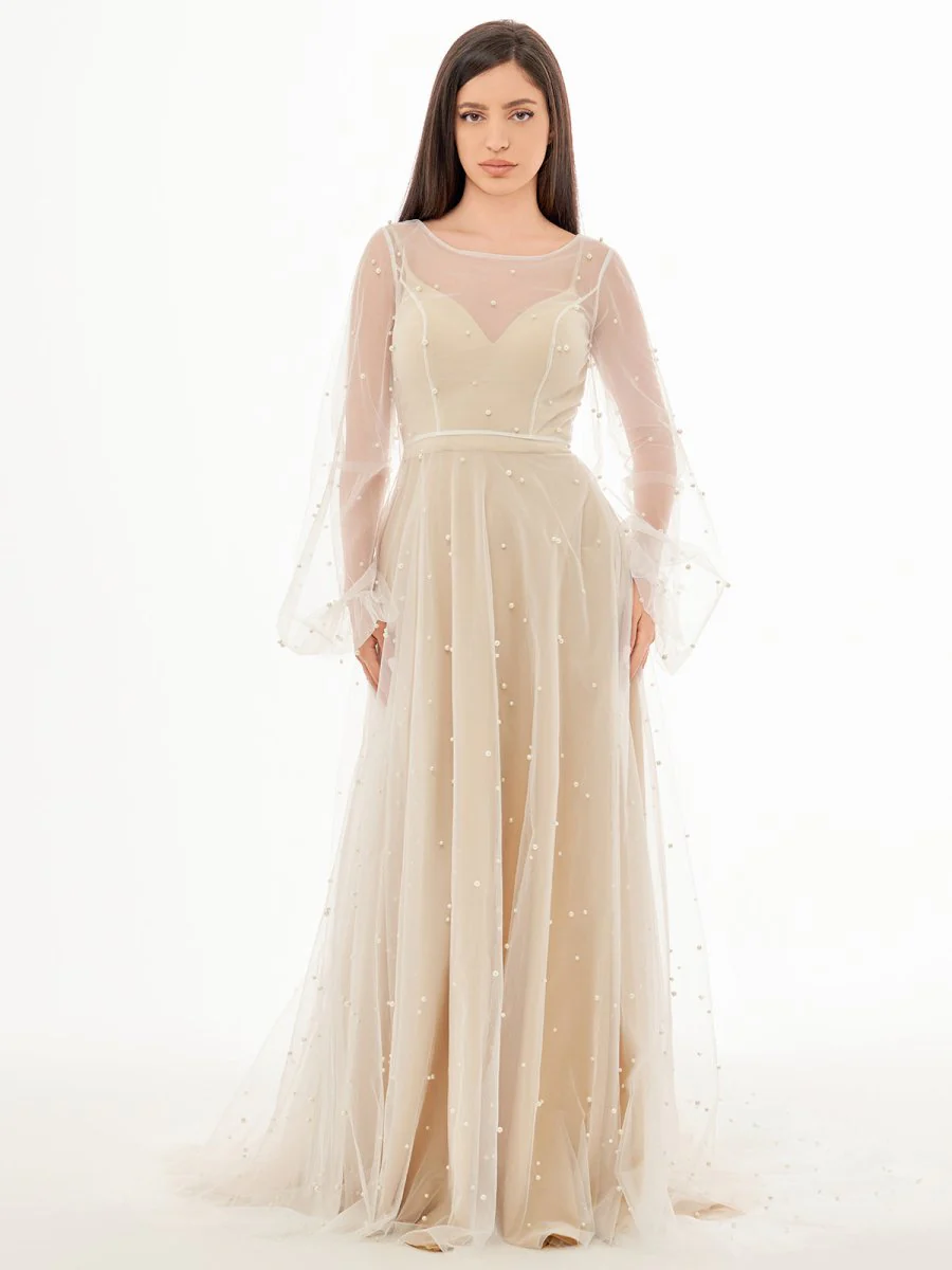 Simple Modest A-Line Long Sleeve Tulle Elopement Illusion Wedding Dress with Pearl