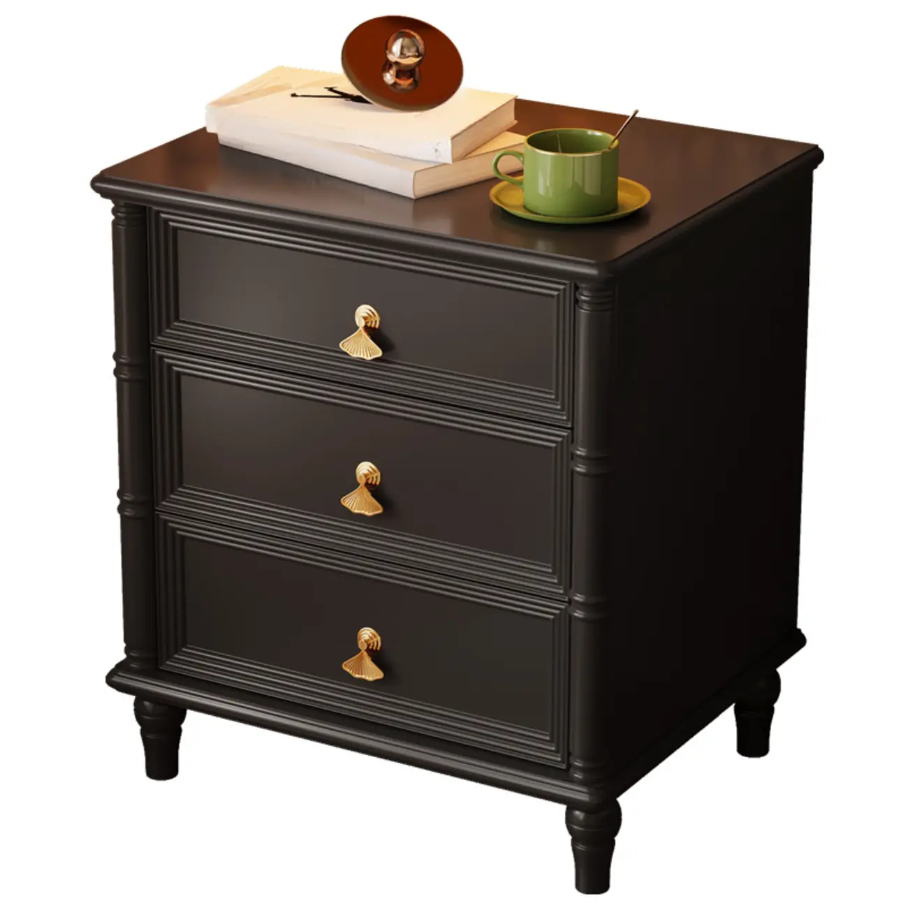 Traditional Rectangular Solid Wood 3-Drawer Black Nightstand