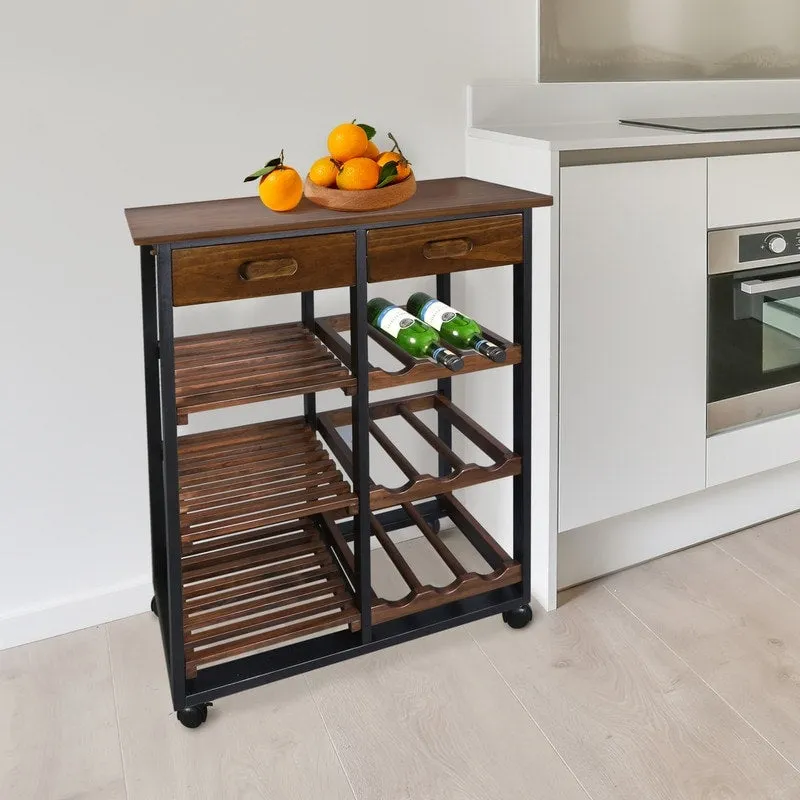 Solid Wood 4-Tier Rolling Kitchen Cart with Wine Rack and Drawer