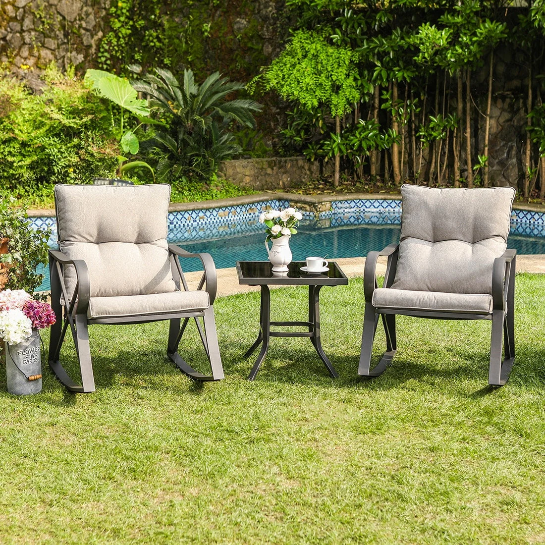 COSIEST 3-piece Outdoor Rocking Chair Chat Set with Side Table