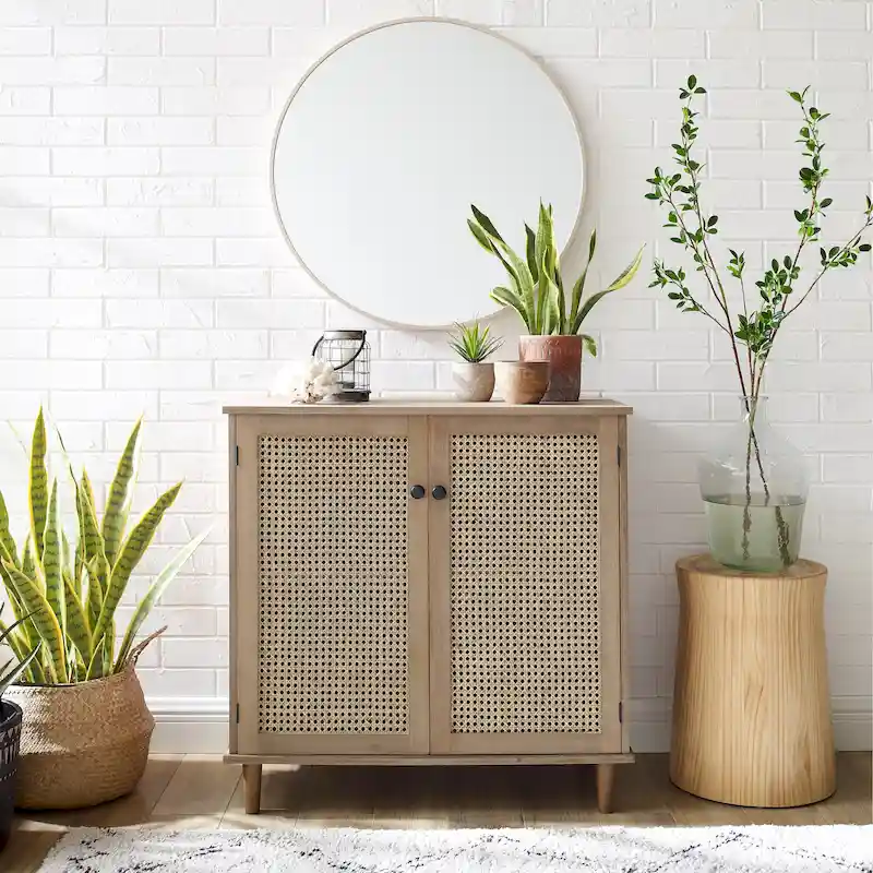 Natural Bamboo / Walnut Woven Rattan Accent Cabinet with Sliding or Standard Doors – Single Unit